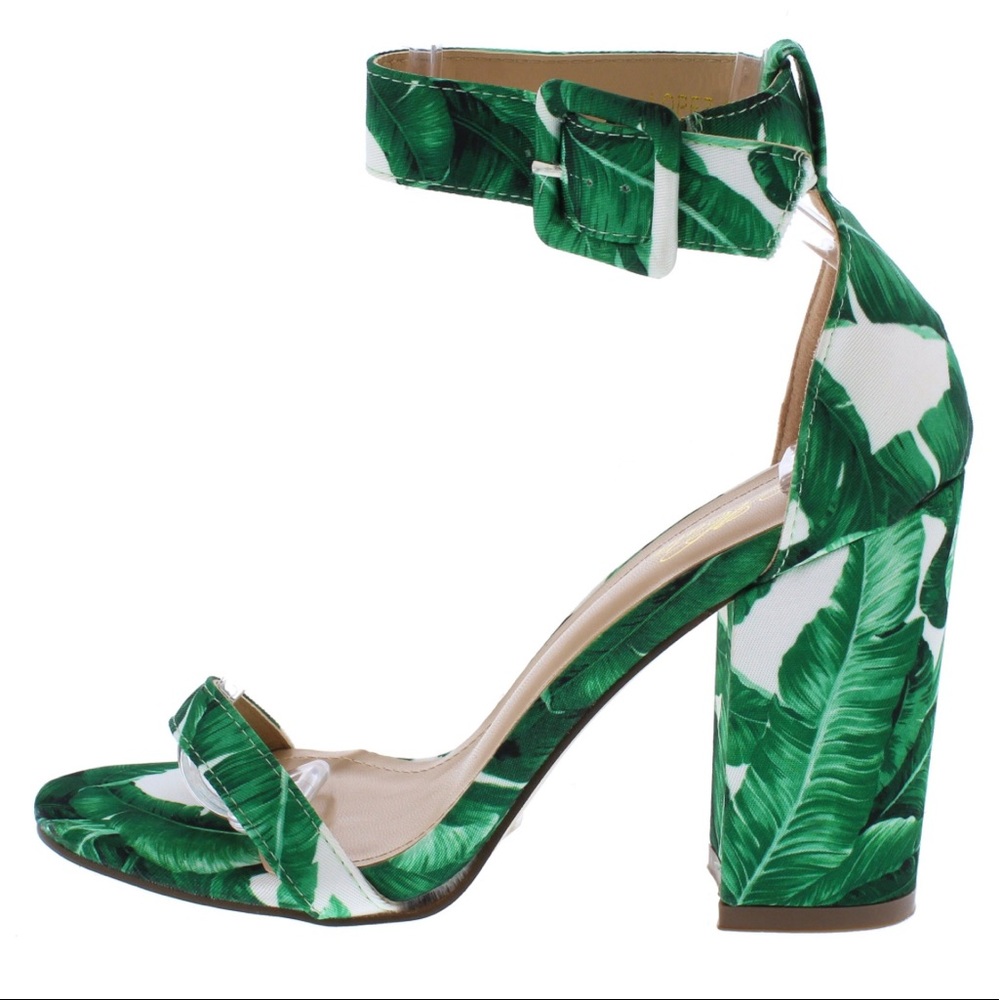 Floral ankle strap heels in palm tree print